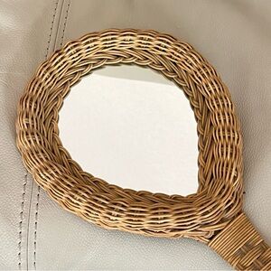 Vintage Rattan Hand Mirror Wall Decor Boho Wicker Tennis Racket Style